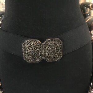 Stretchy Black Belt Bronze Belt Buckle 33" to 38"